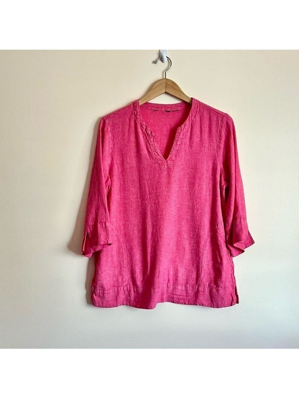 Lands’ End Pink Linen Blend Top Size M - V-Neck 3/4 Sleeve Pockets coastal beach
